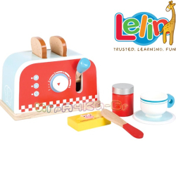 Lelin Toys Дървен детски тостер с комплект за закуска L40147